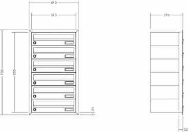 Leabox Briefkastenanlage Unterputz, Alu - Putzabdeckrahmen, waagerechte Kästen, Kastenformat 370x110x270mm, 6-teilig